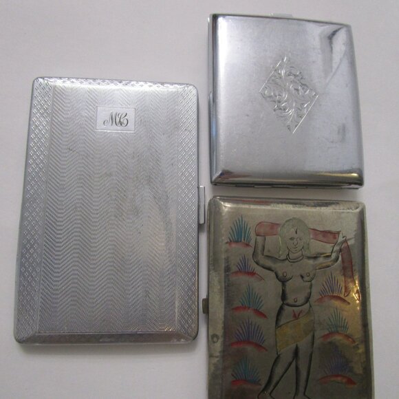 3 Metal Cigarette Card Cases Silverplate Vintage India Yoga Bollywood England - Picture 1 of 10